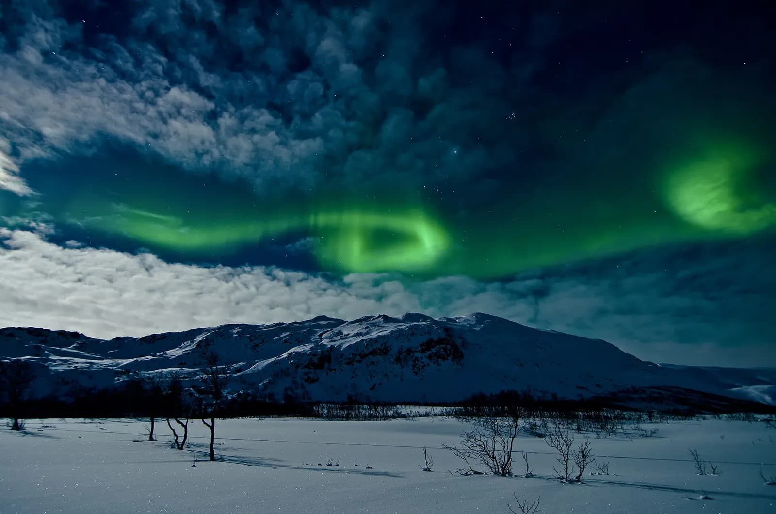 aurore boréale verte tourbillonnant au-dessus des montagnes enneigées de Tromsø