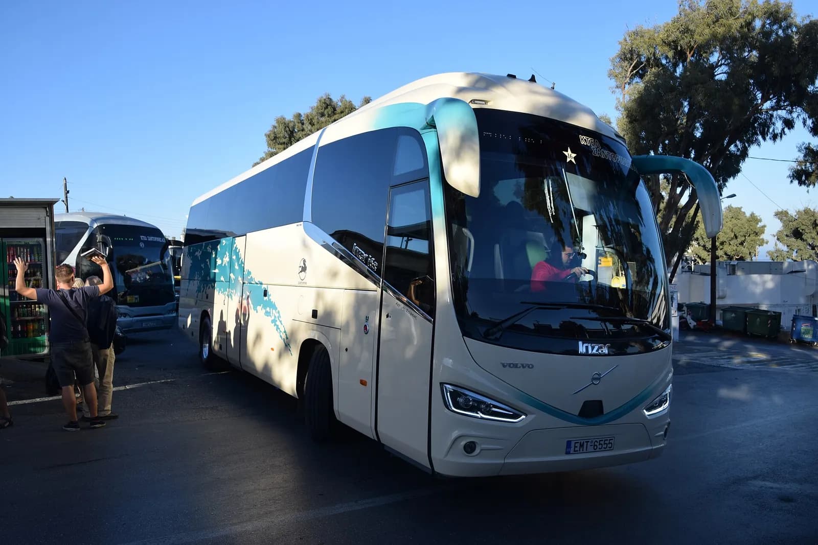 a KTEL bus at the Fira bus station, the easiest way to reach the beaches