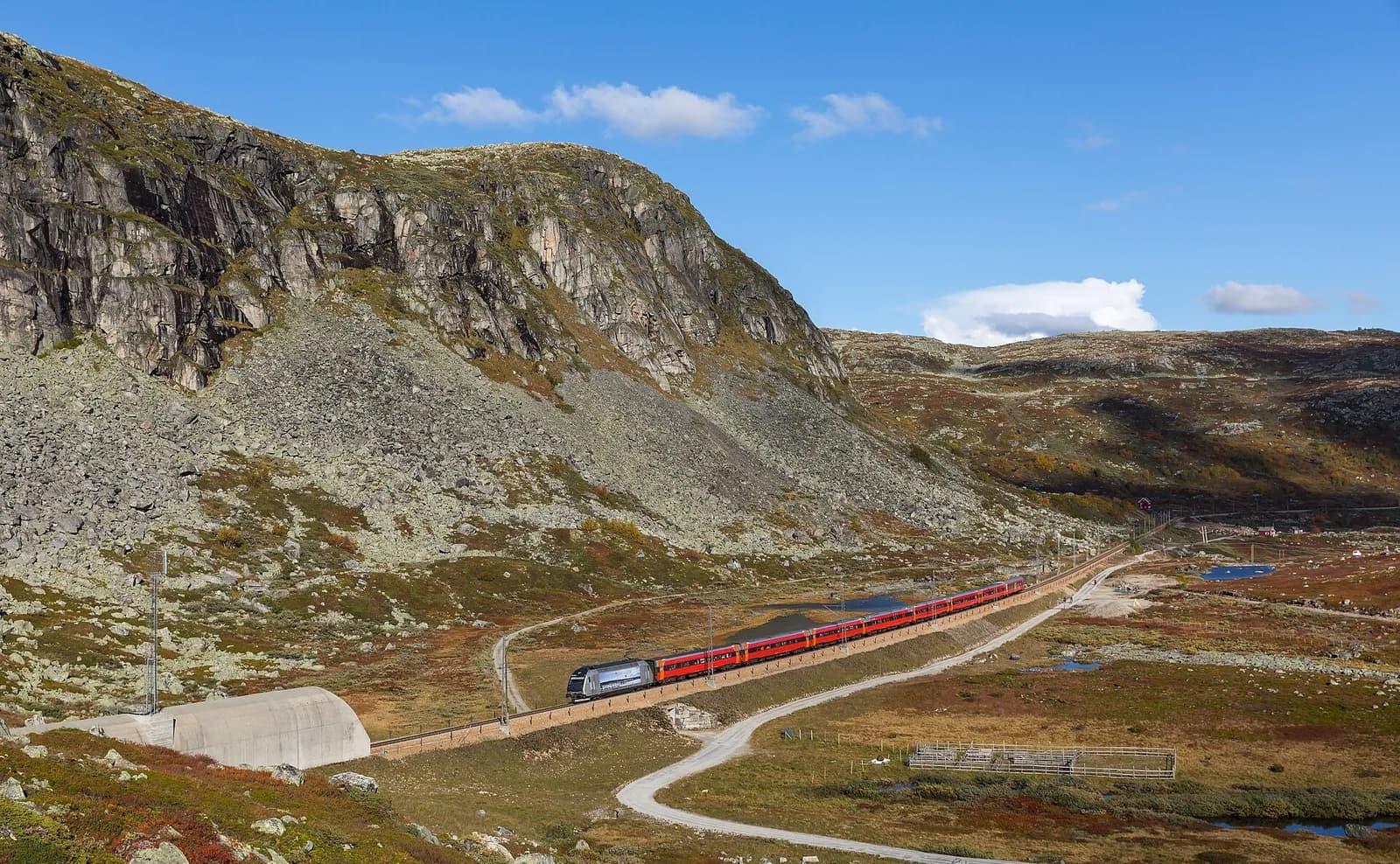 train rouge de la ligne Oslo-Bergen traversant le plateau du Hardangervidda