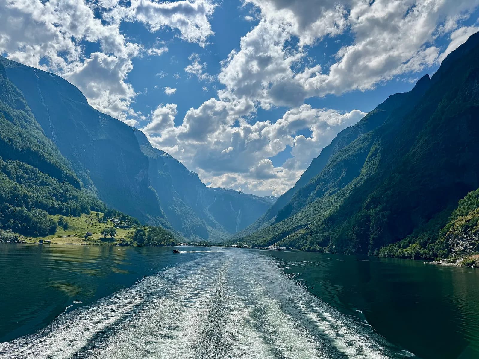 sillage d'un bateau entre les montagnes verdoyantes d'un bras du Sognefjord