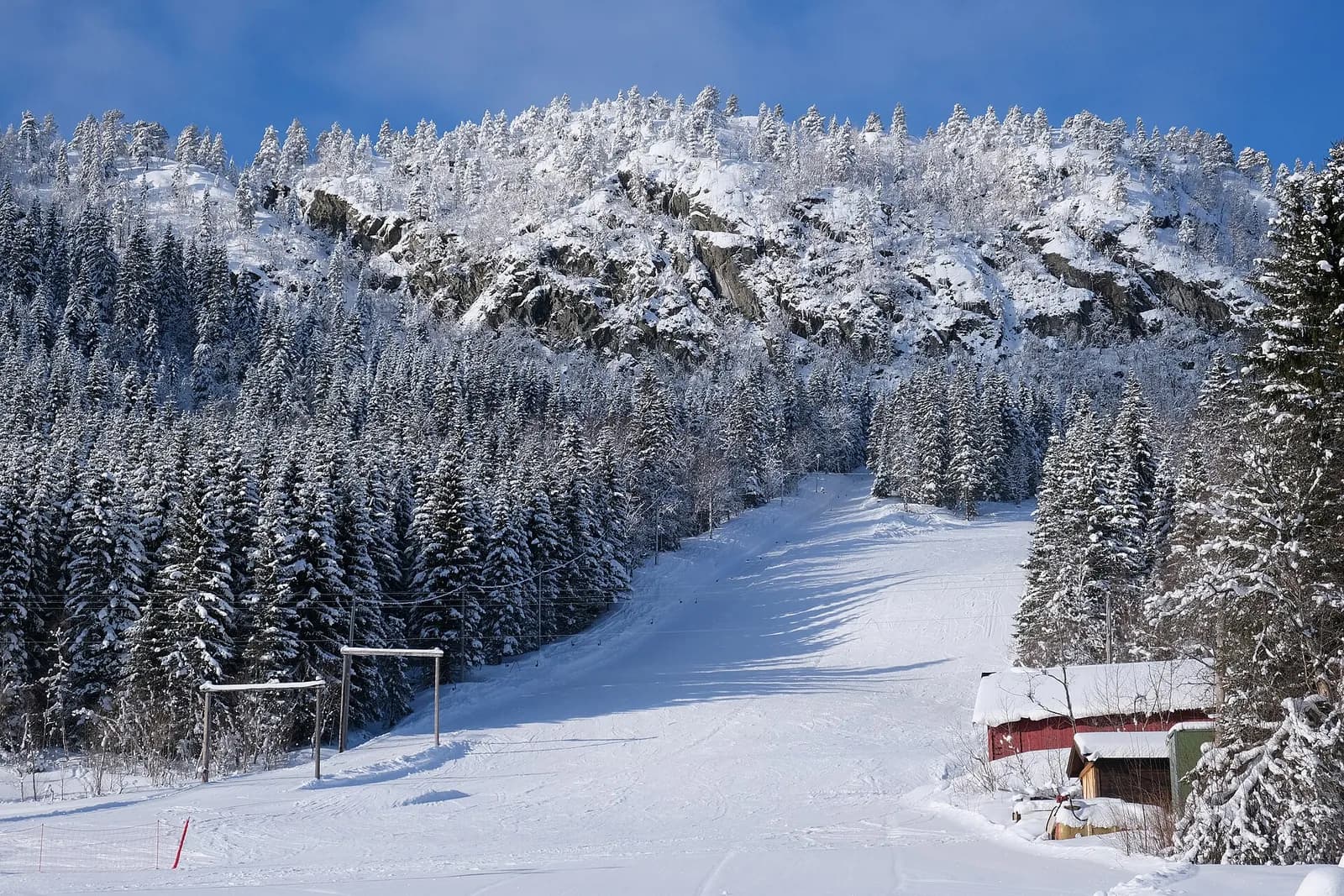 petite piste de ski bordée de sapins enneigés et chalet au pied de la pente en Norvège