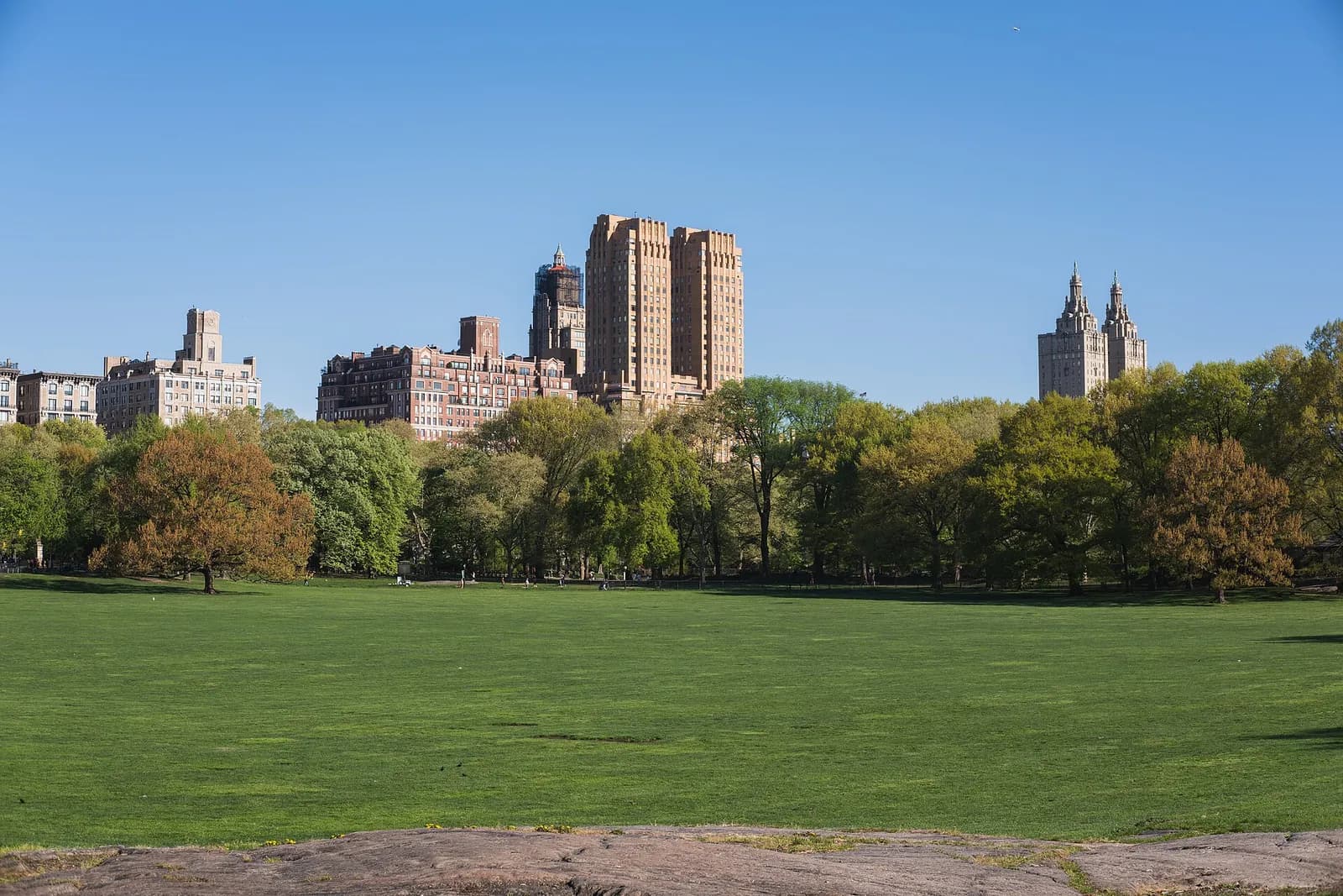 la vaste pelouse de Sheep Meadow face aux tours historiques de Central Park West