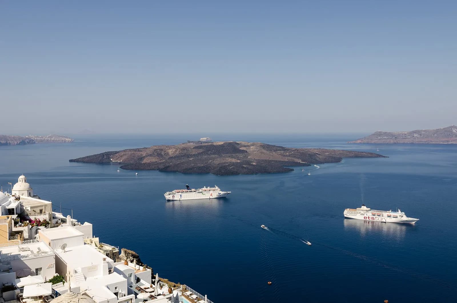view from Fira over the caldera and the volcanic island of Nea Kameni