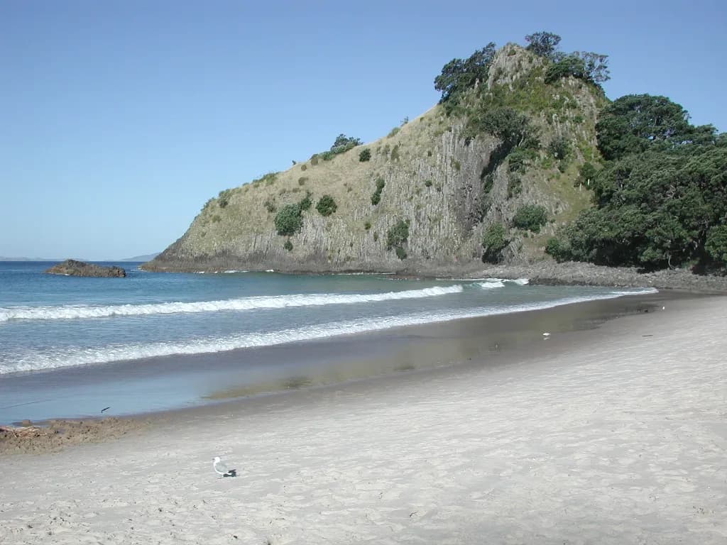 la plage de sable blanc de New Chums Beach au pied de la pointe Motuto
