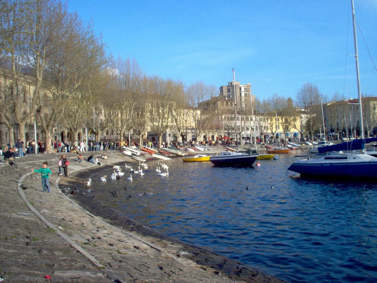 promenade ensoleillée du front de lac de Lecco avec bateaux et cygnes