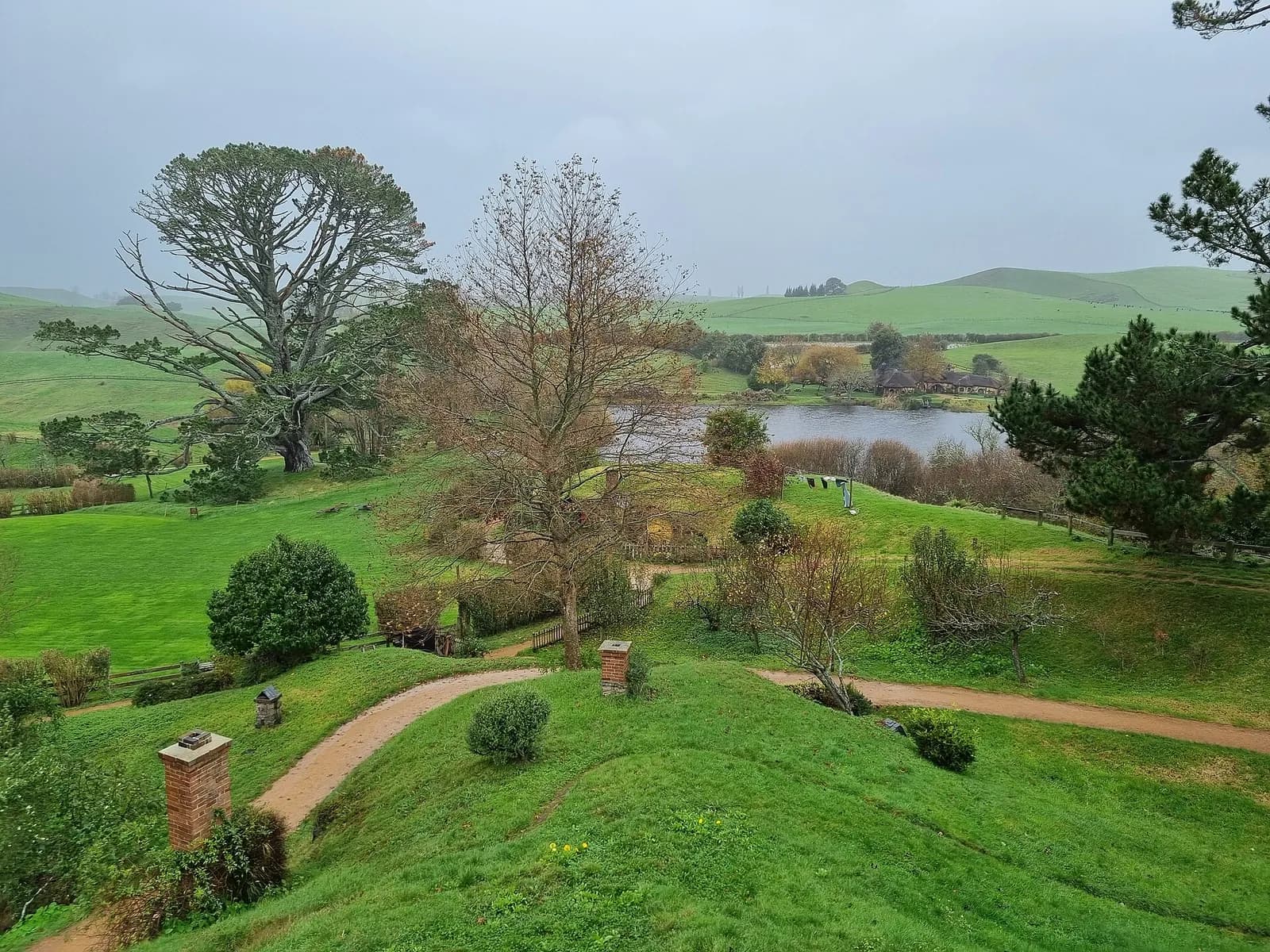 les collines verdoyantes, les arbres et le lac du domaine de Hobbiton