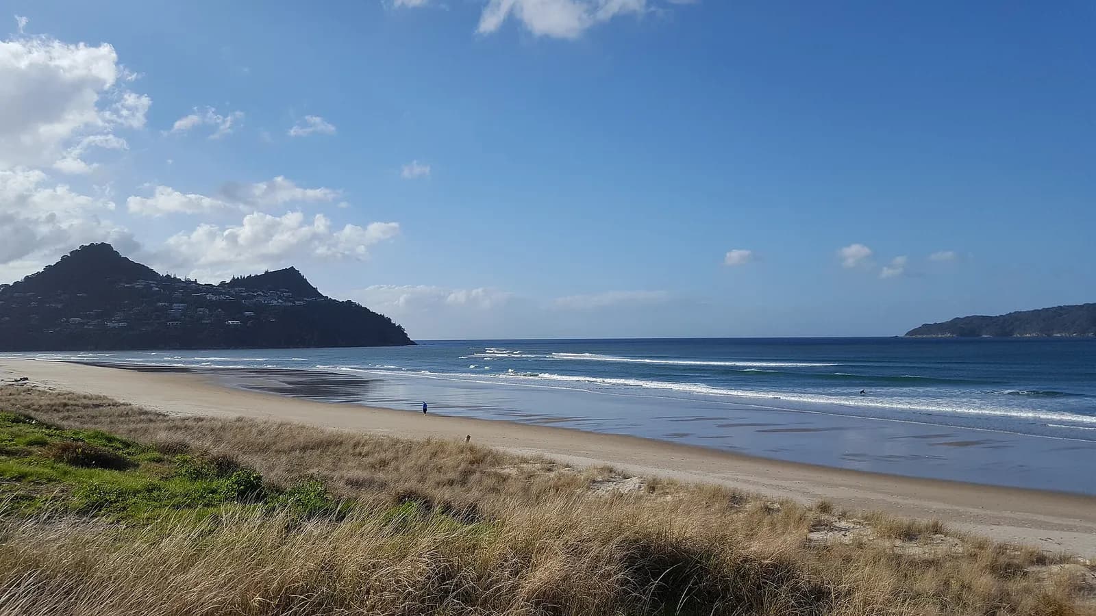 la plage de Pauanui bordée de dunes, face à l'océan Pacifique sur la péninsule de Coromandel