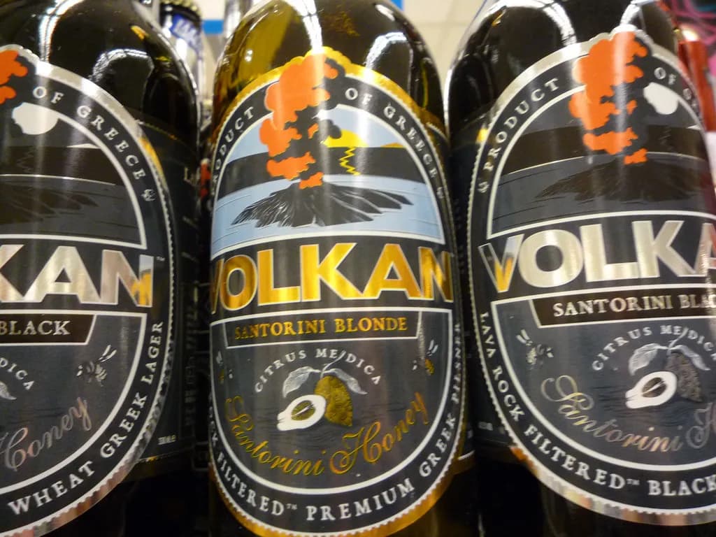 bottles of Volkan beer, brewed on Santorini with local island ingredients