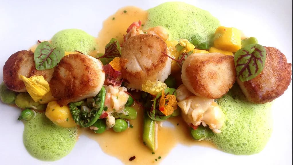 seared scallops and lobster plated as a fine-dining dish