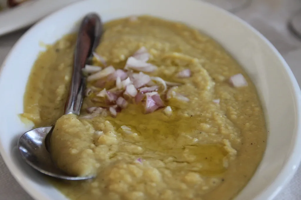 a bowl of Santorini fava, yellow split pea purée with olive oil and onion