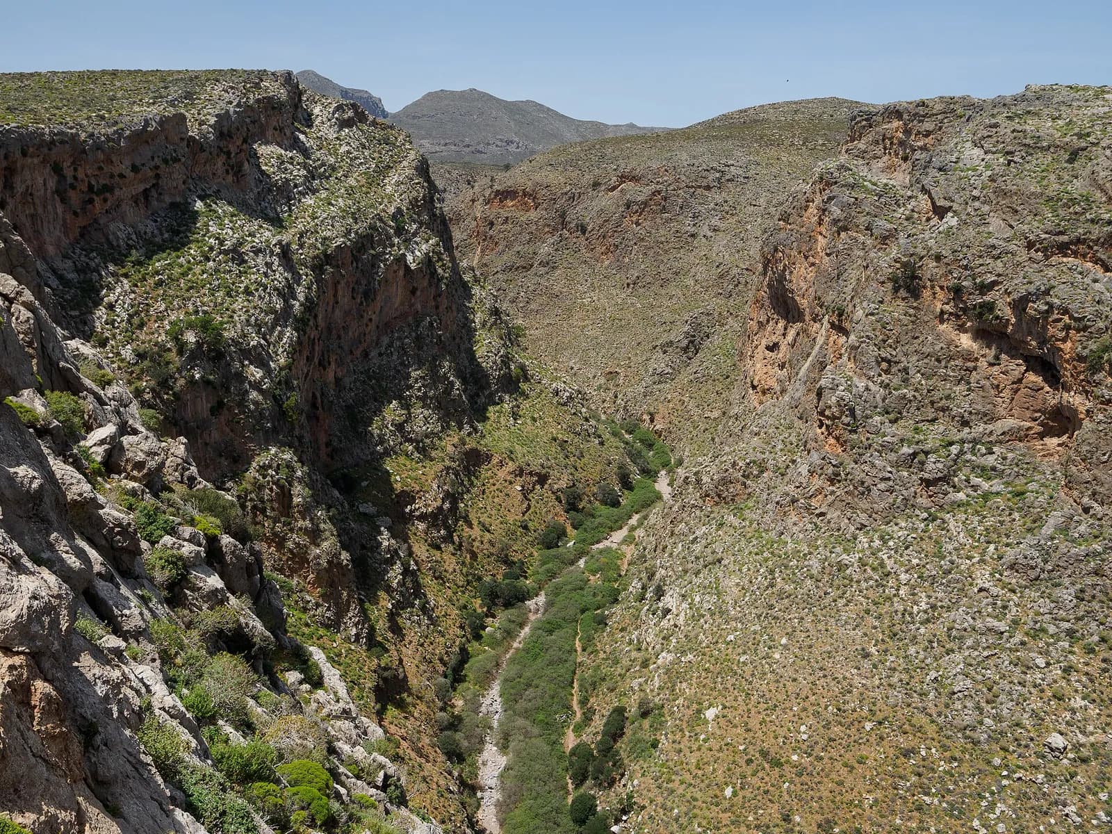 La vallée des Morts vue depuis le rebord des falaises, avec son lit verdoyant au fond de la gorge