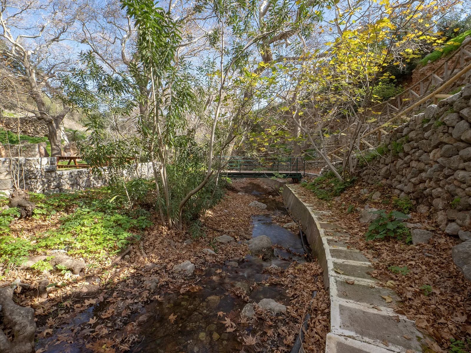 Ruisseau des sources d'Ano Zakros sous les platanes, longé d'un canal et d'une passerelle