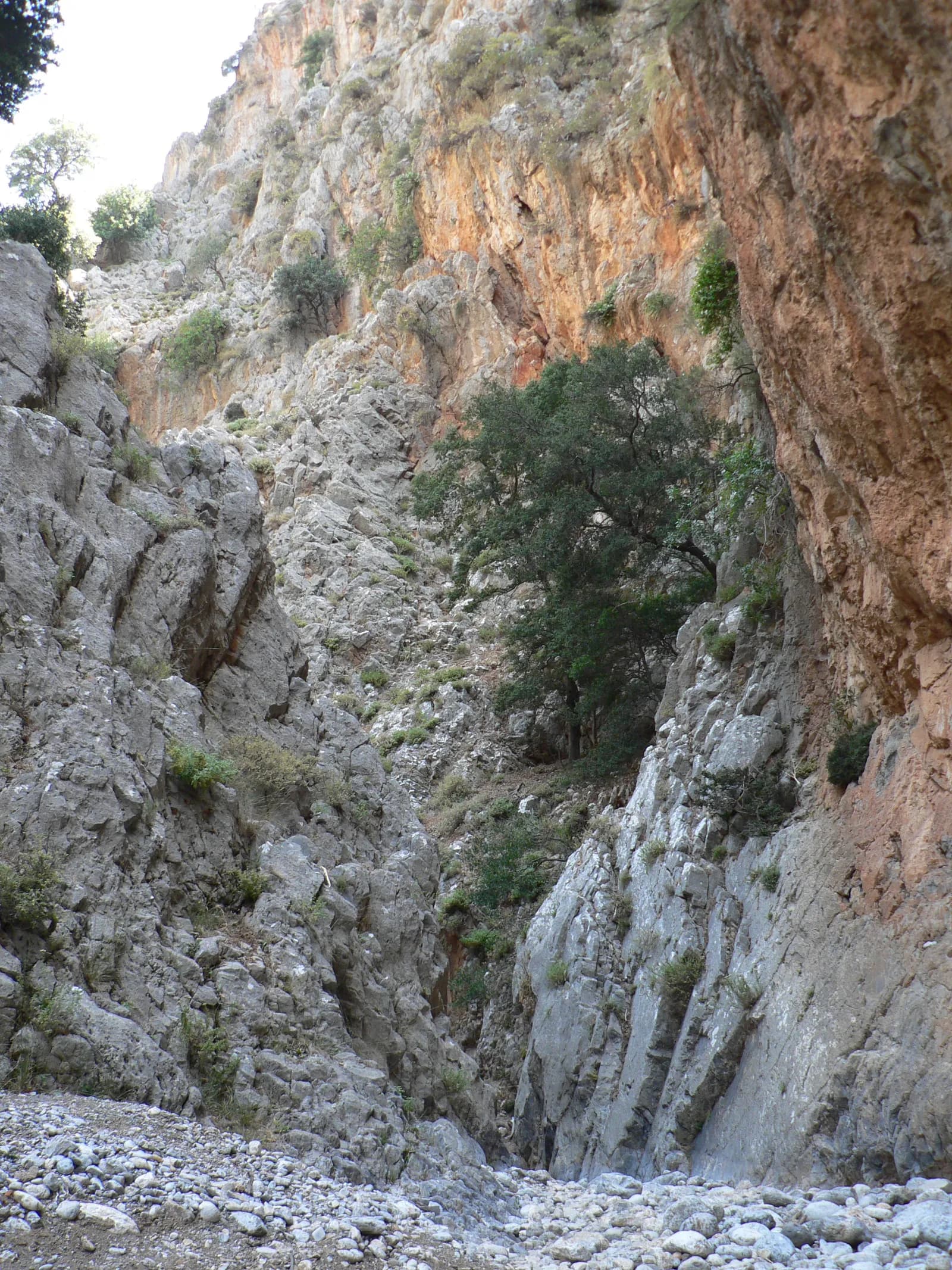 Le lit caillouteux des gorges de Kritsa entre de hautes parois de calcaire gris et ocre