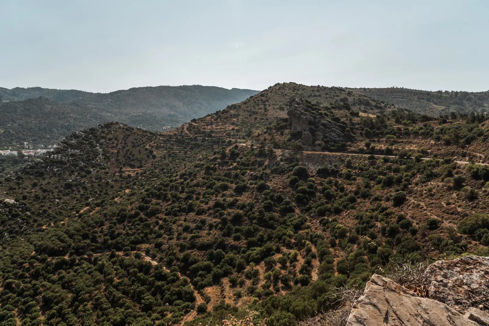 Winding road clinging to olive-covered hills in the hinterland of south-east Crete