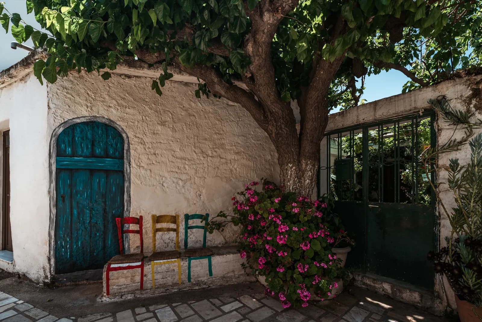 Maison blanche à la porte bleue, chaises colorées et bougainvillier en fleurs sous un arbre, dans un village crétois