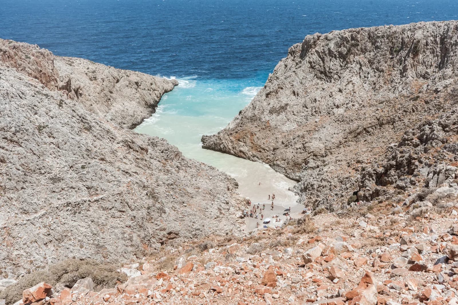 The narrow cove of Seitan Limania set between the limestone cliffs of the Akrotiri peninsula