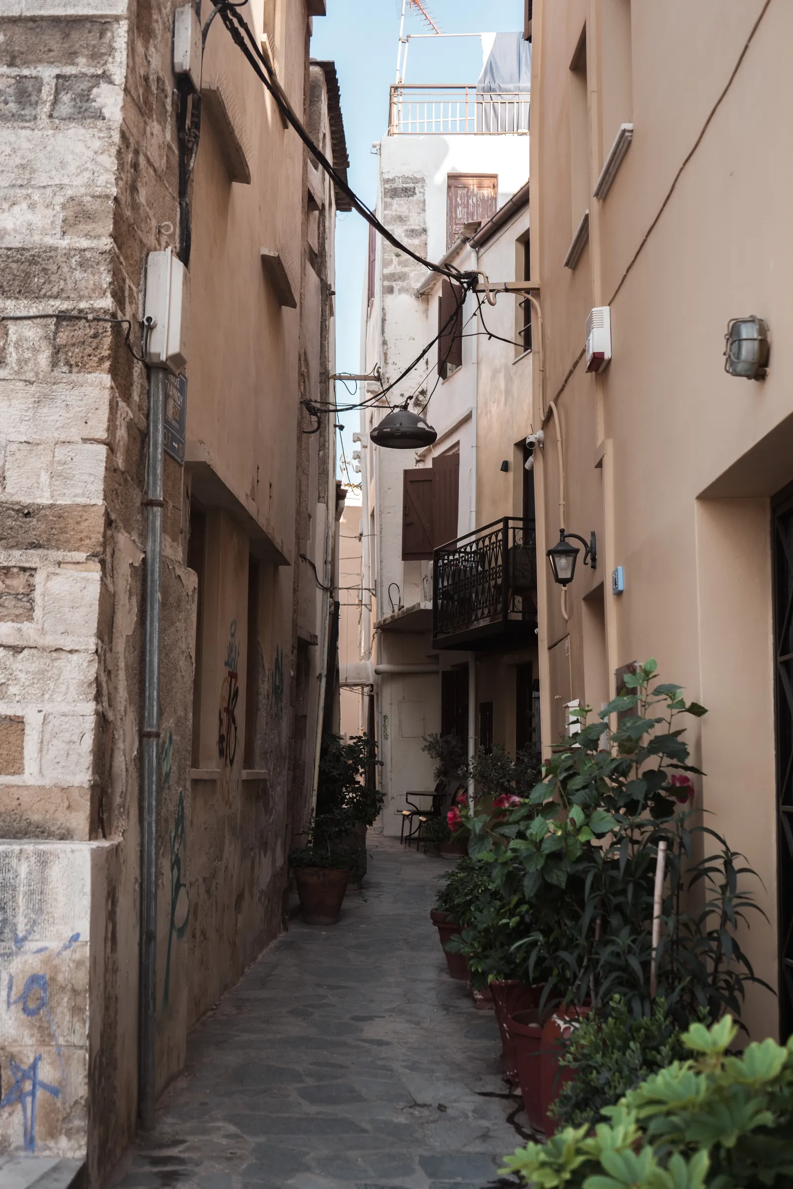Ruelle étroite fleurie de plantes en pots dans la vieille ville de La Canée, en Crète