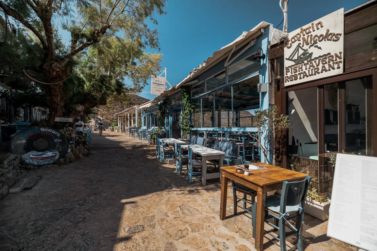 Terrasses de tavernes de poisson le long d'une ruelle ombragée de bord de mer, près de Plaka