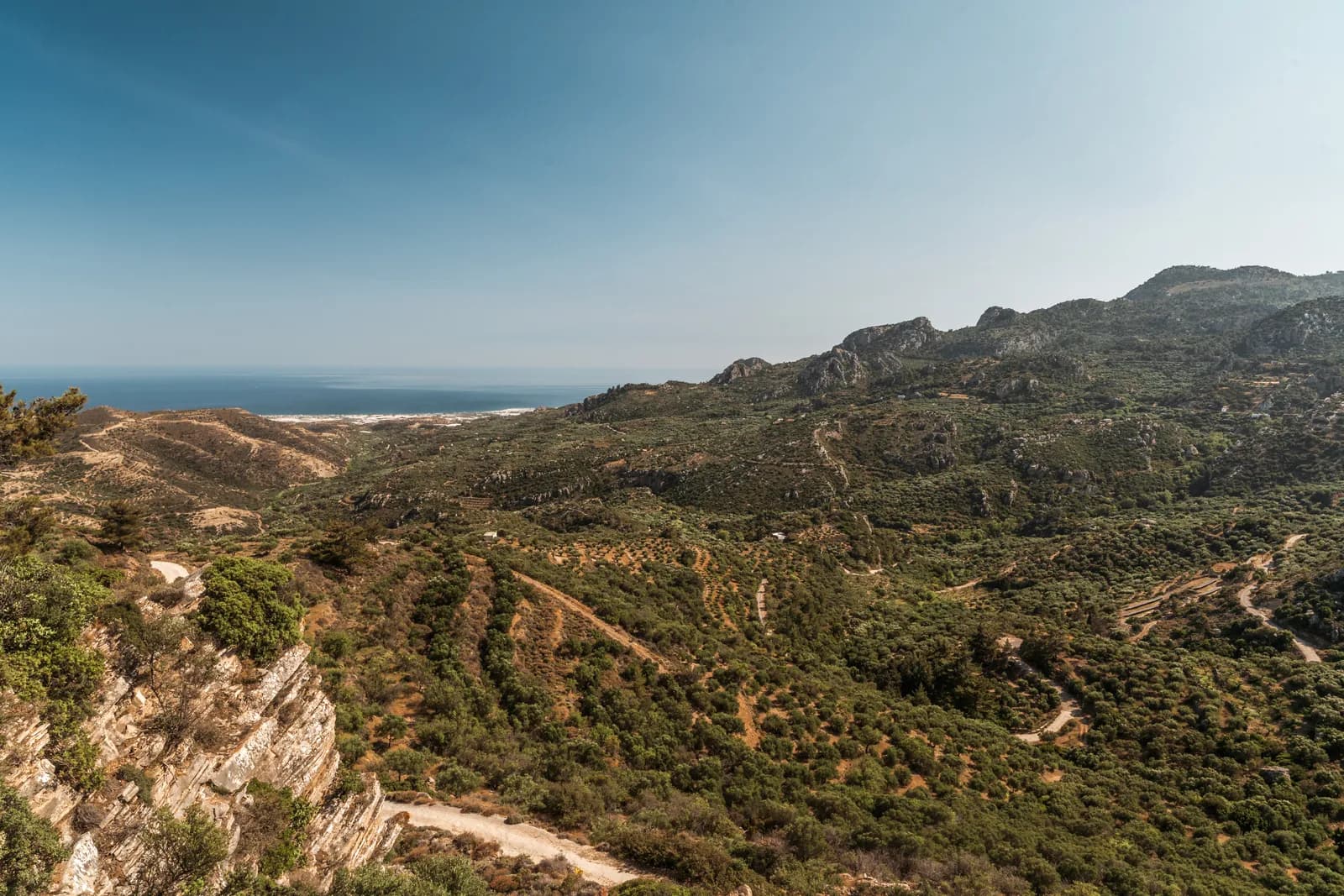 Collines d'oliviers sillonnées de pistes descendant vers la mer de Libye, dans le sud-est de la Crète