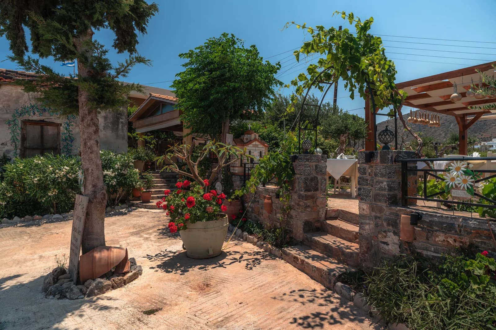 Jardin fleuri et terrasse sous la treille d'une taverne traditionnelle des environs d'Elounda