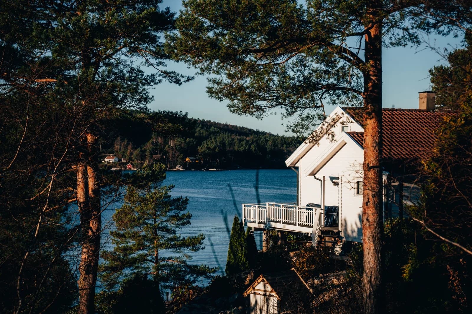 Maison blanche entre les pins au bord de l’eau, à Hommersåk