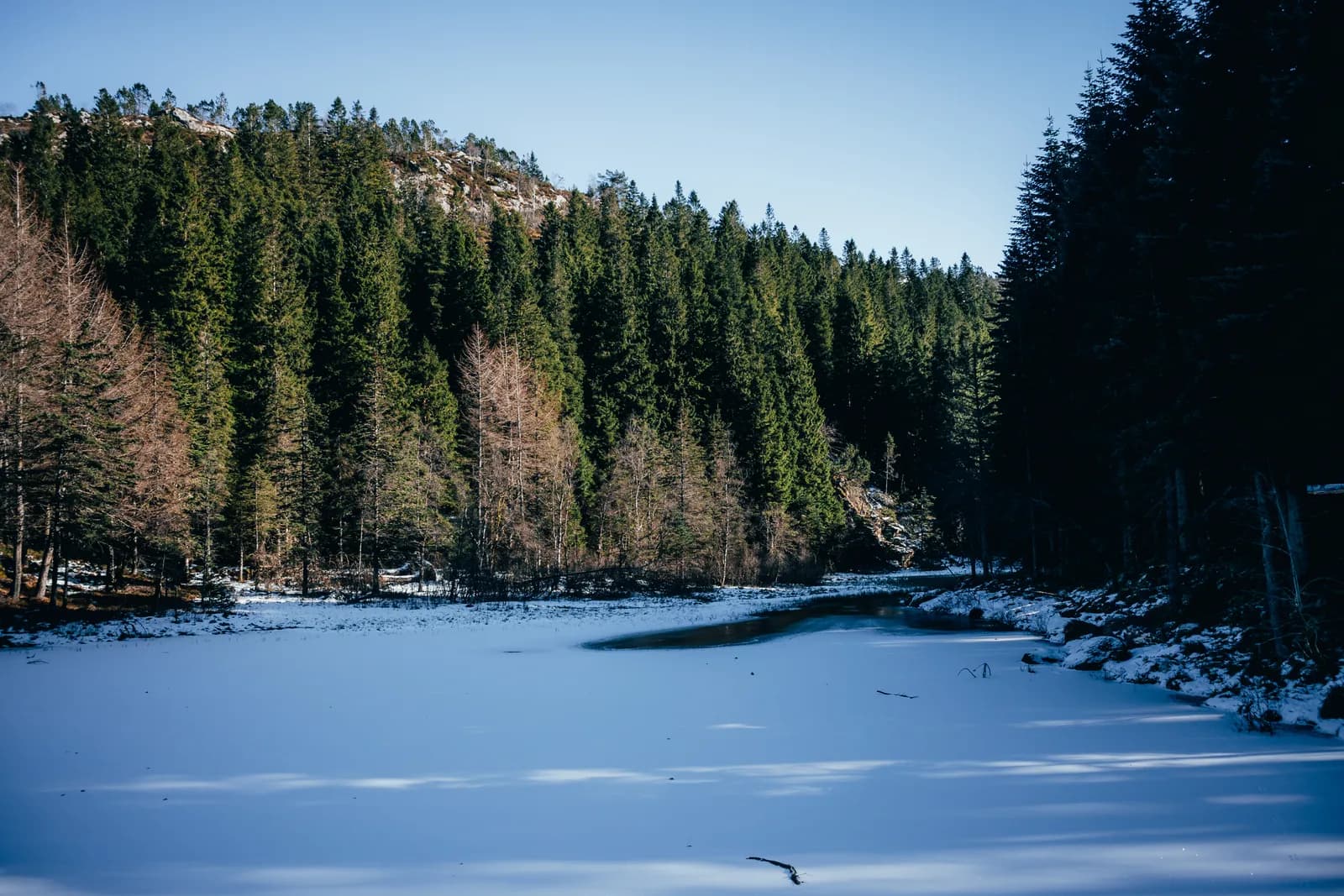 Un petit lac encore gelé dans la forêt au-dessus de Sandviken, le 7 mars 2023