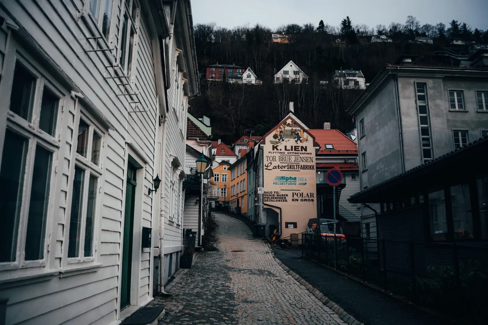 Ruelle pavée et mouillée bordée de maisons en bois, dans le centre de Bergen, un jour gris de février
