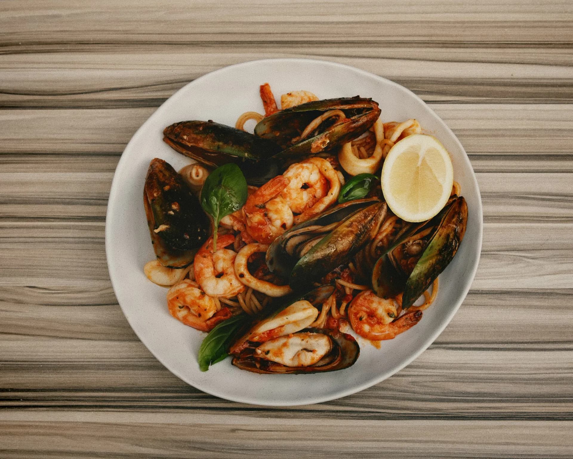 Seafood pasta with mussels and prawns