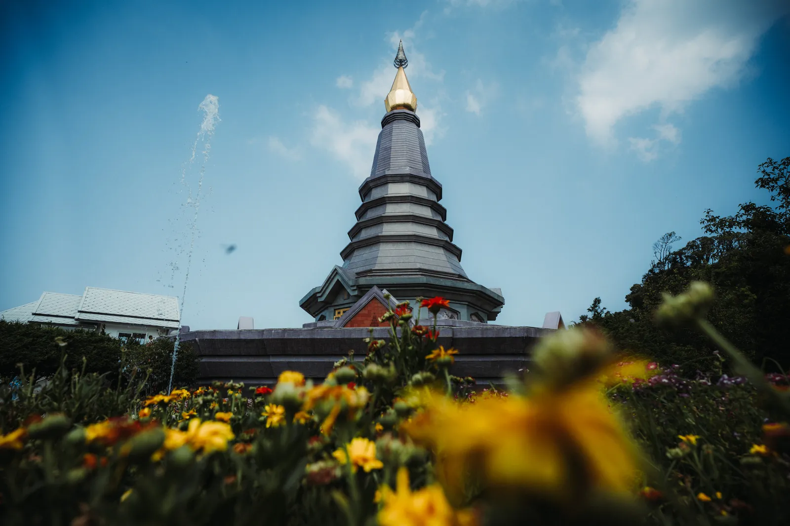 Chedi royal du Doi Inthanon sous un ciel bleu, avec des fleurs jaunes au premier plan