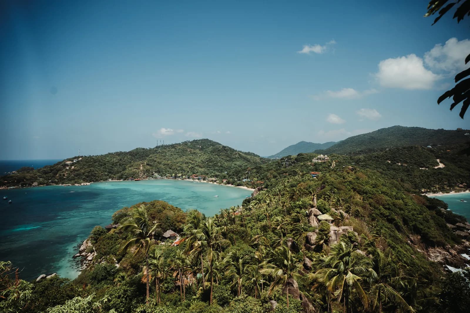Crête couverte de cocotiers entre deux baies turquoise, vue depuis le John-Suwan viewpoint de Koh Tao