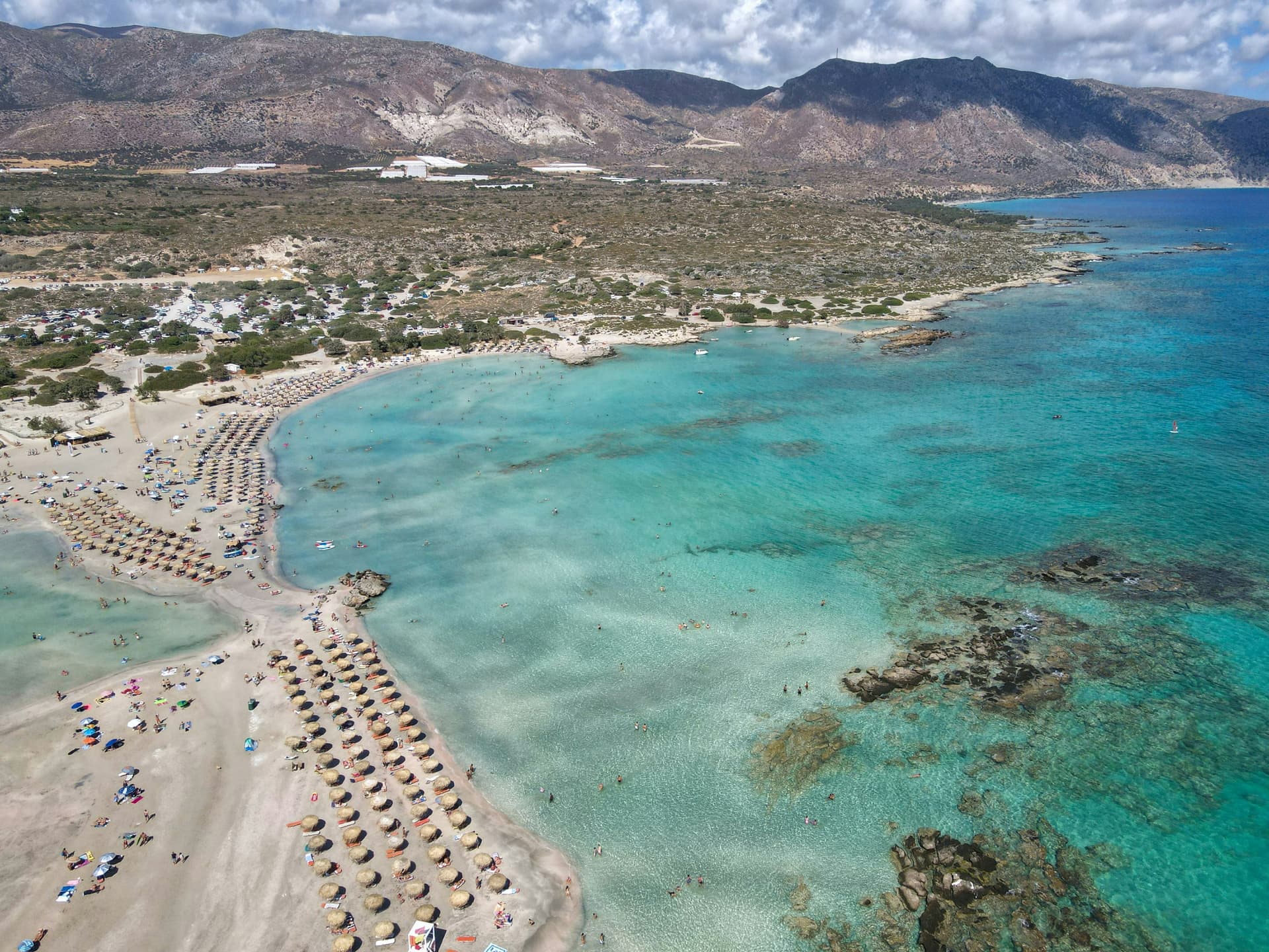 Panoramic view of Elafonisi Beach in Crete with its turquoise waters and light sand