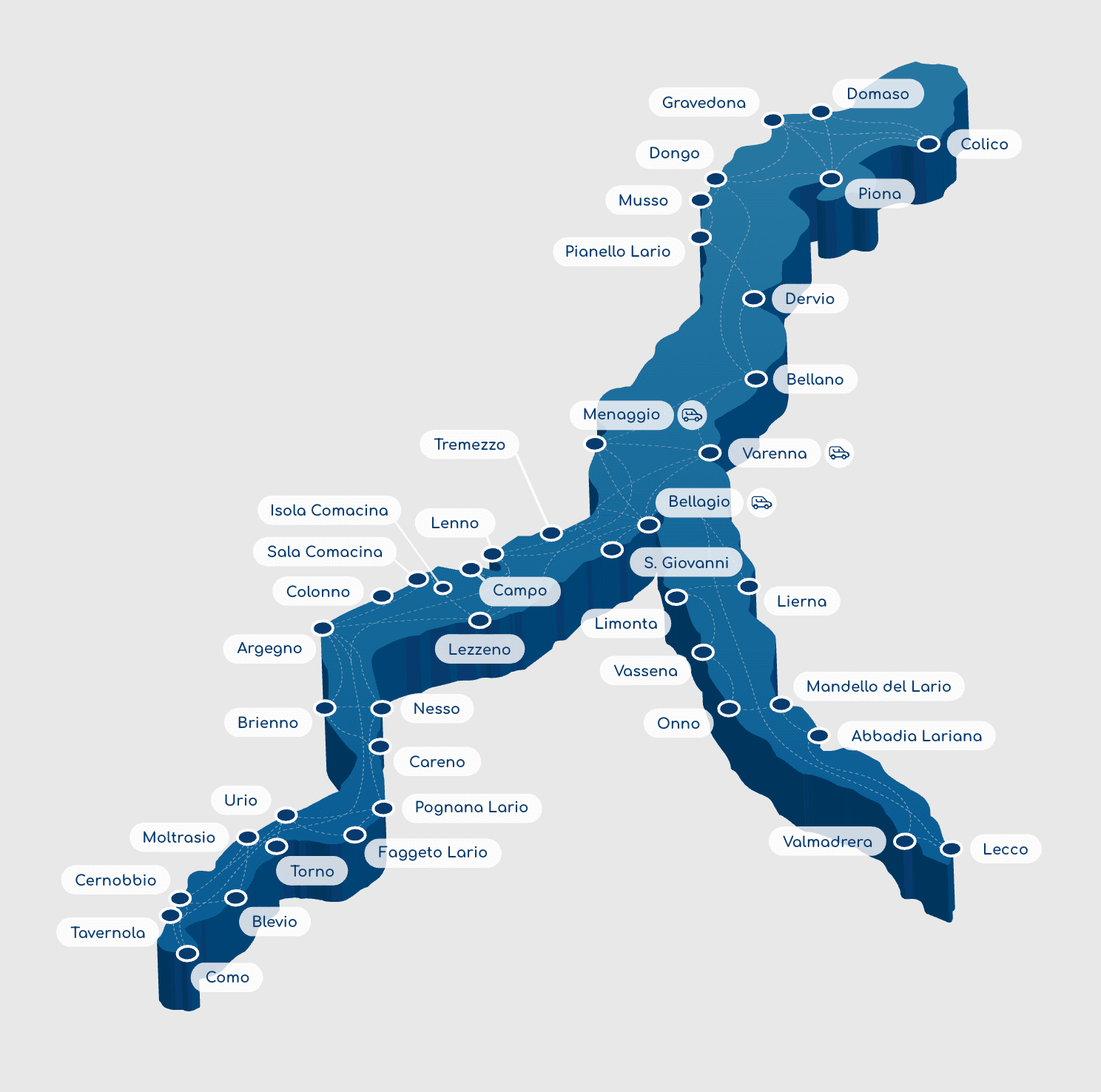 Map of the Lake Como ferry network showing main stops and navigation routes