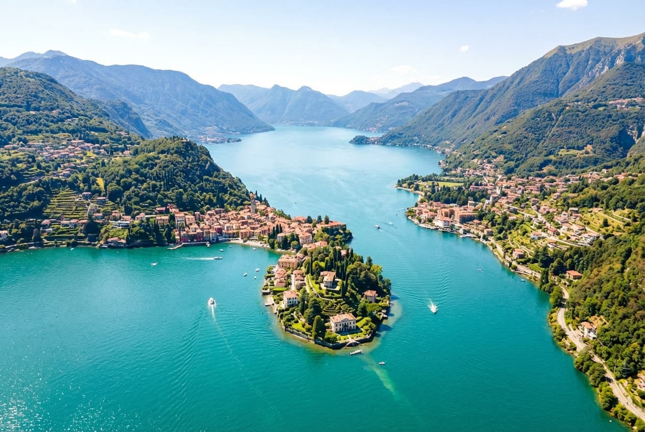 Aerial view of Lake Como's central zone where the three branches meet in an inverted Y shape