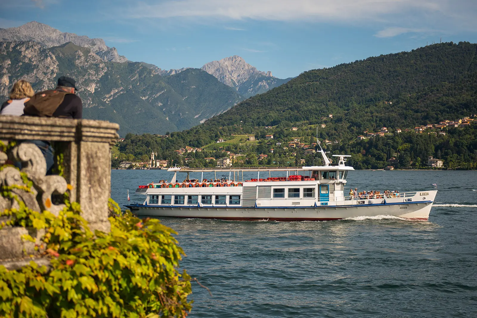 Panorama from the ferry of the villas and gardens on the western shore between Tremezzo and Lenno
