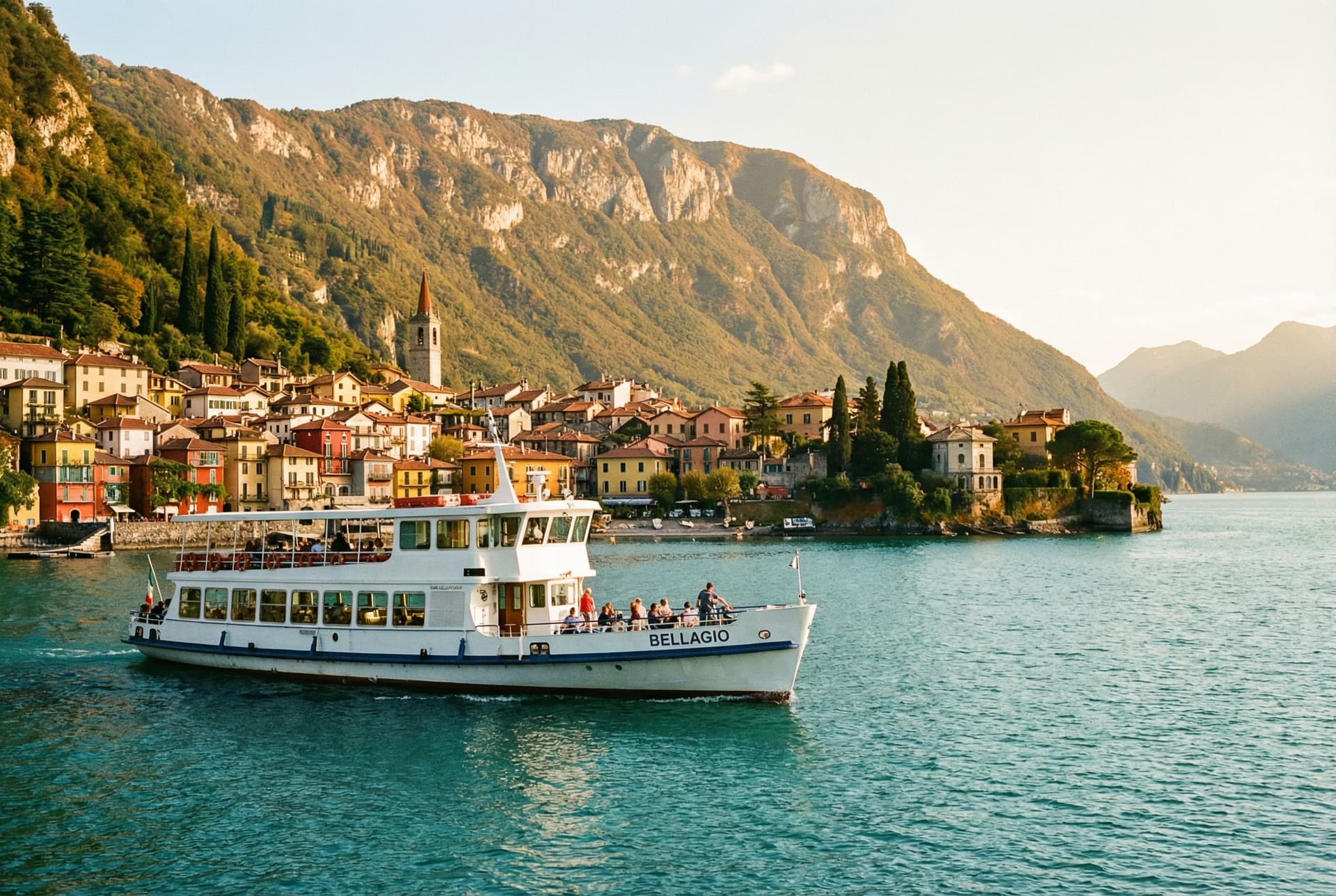 Passengers enjoying the upper deck of a battello on Lake Como on a sunny day