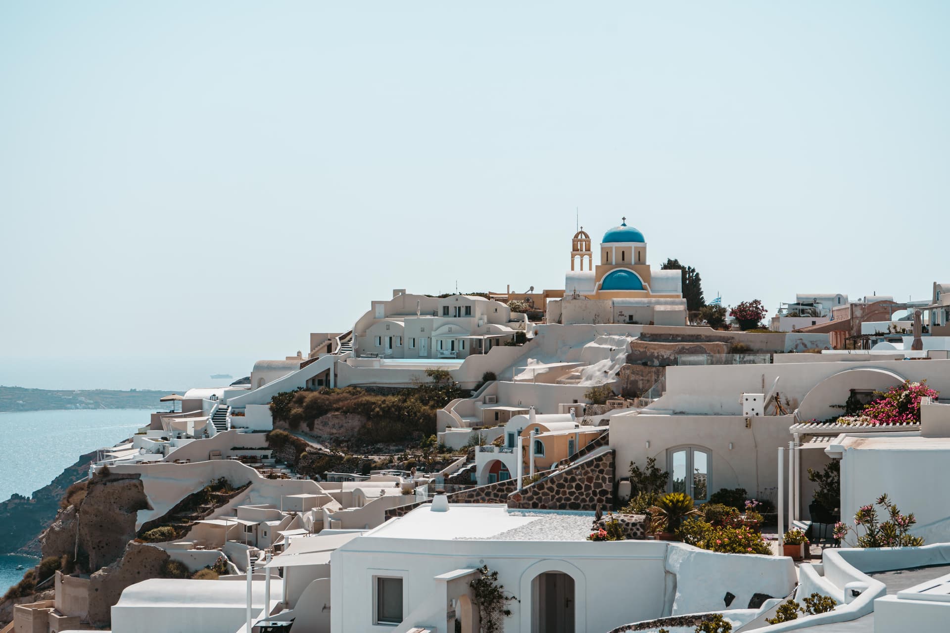 View of Santorini's white houses from the hiking trail