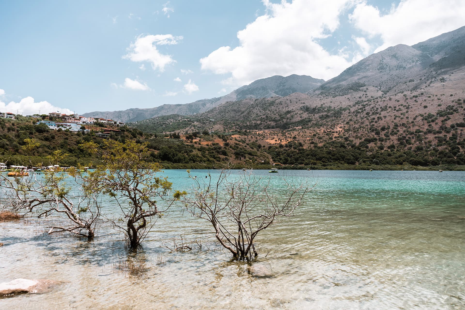 Natural landscape around Lake Kournas with Cretan mountains