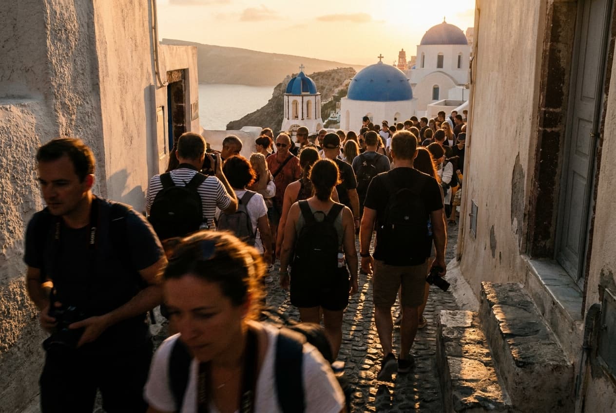 Affluence dans les ruelles d'Oia au coucher de soleil en juillet