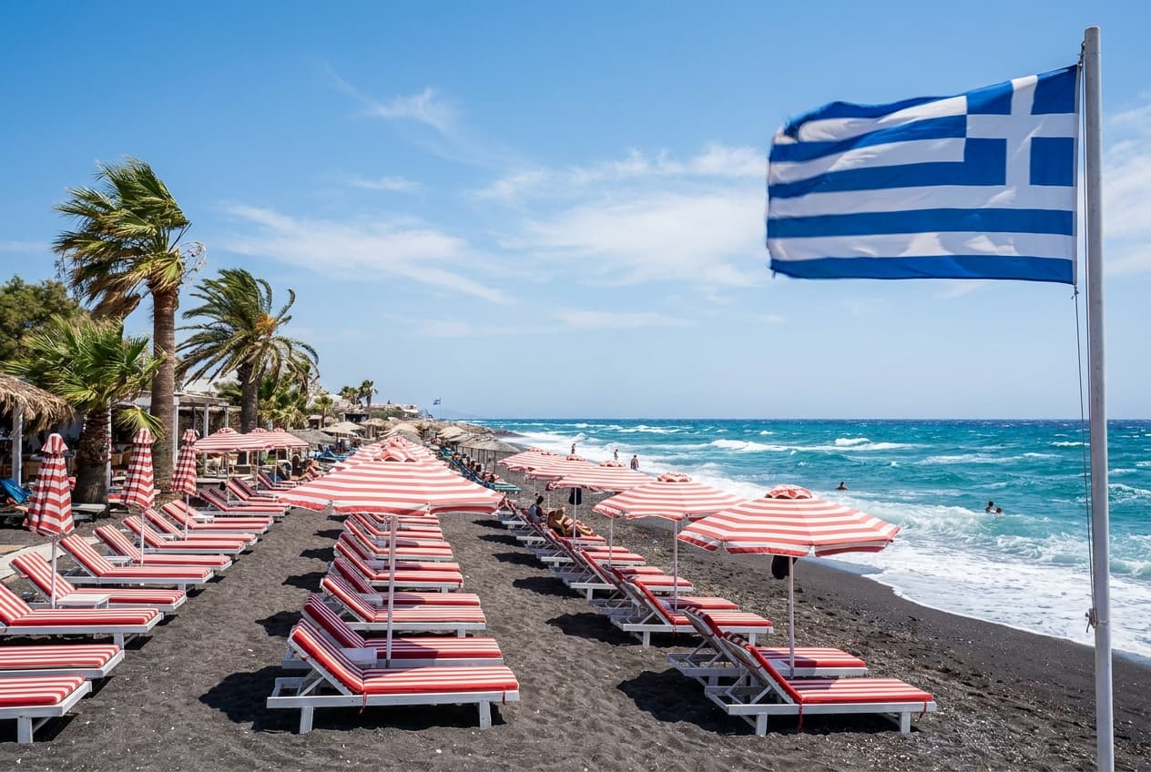 Beach club sur la plage volcanique de Perivolos avec transats rouges et Meltemia en août