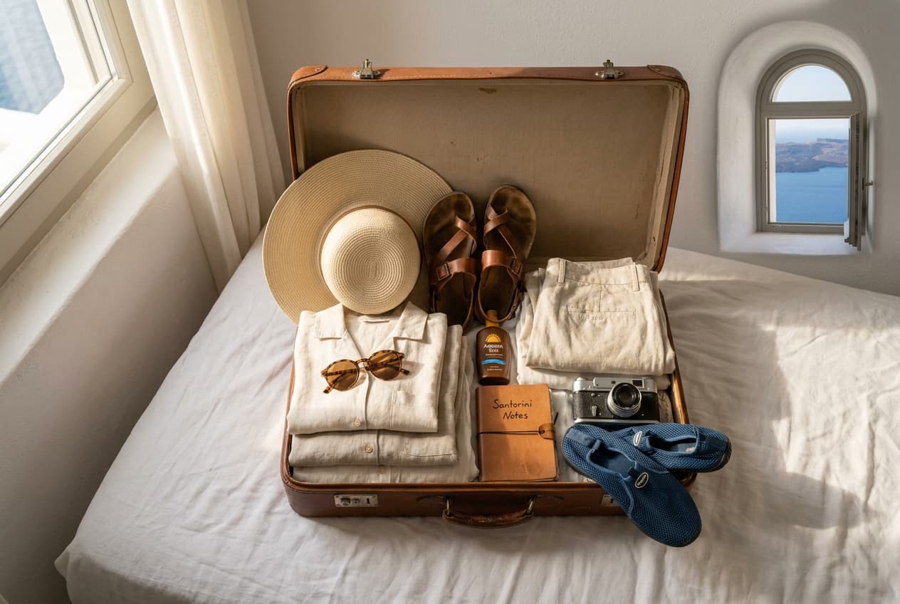 Valise ouverte avec chapeau, sandales, crème solaire et vêtements en lin sur lit d'hôtel à Santorin