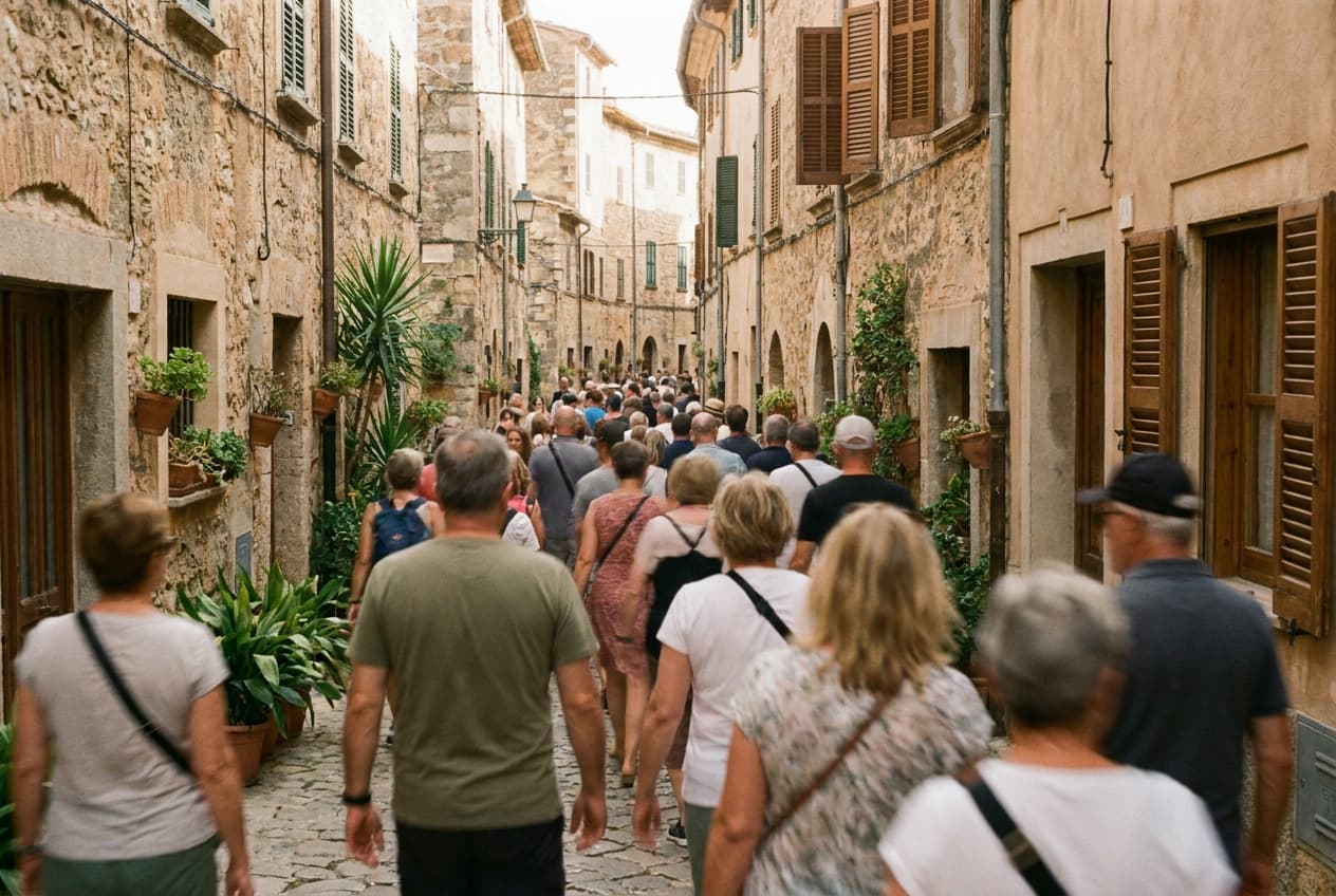 Ruelle bondée dans un centre historique européen en haute saison