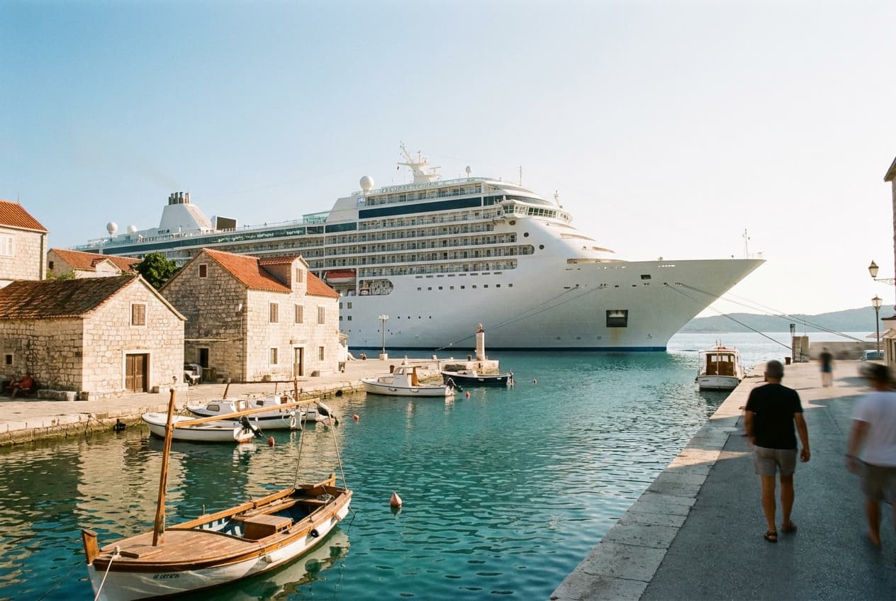 Navire de croisière à quai dans un petit port méditerranéen