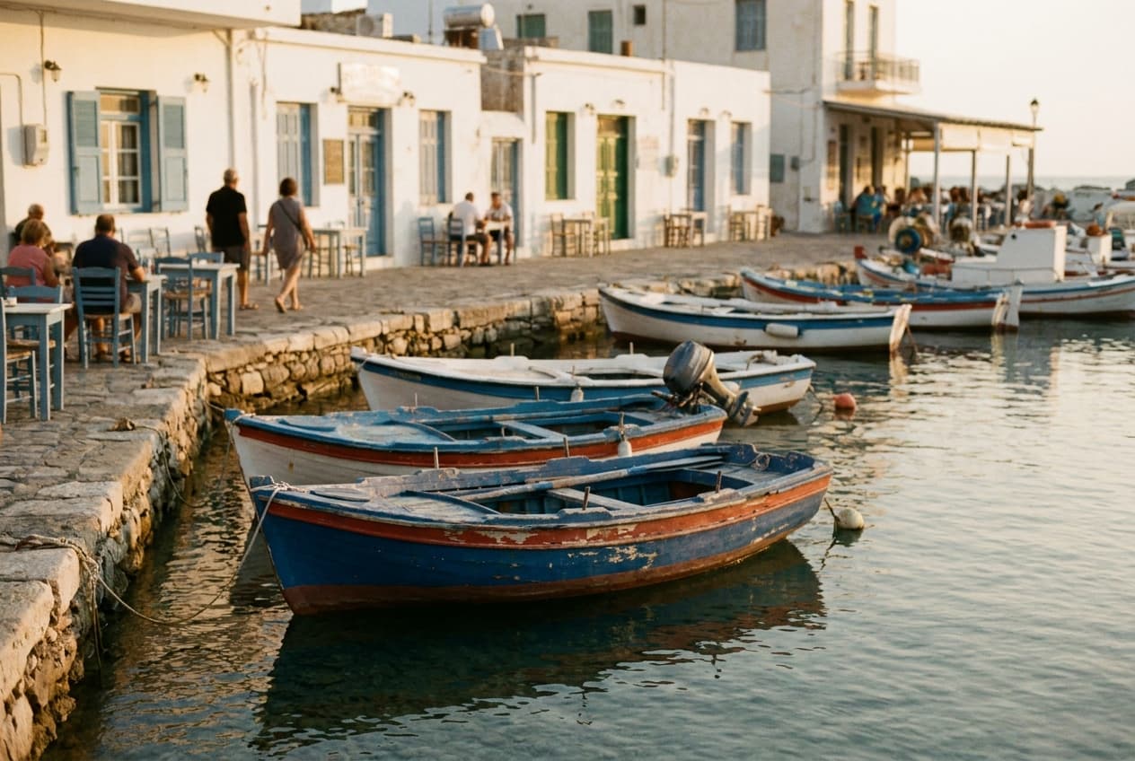 Petit port de pêche crétois au calme avec barques colorées et tavernes en bord de mer