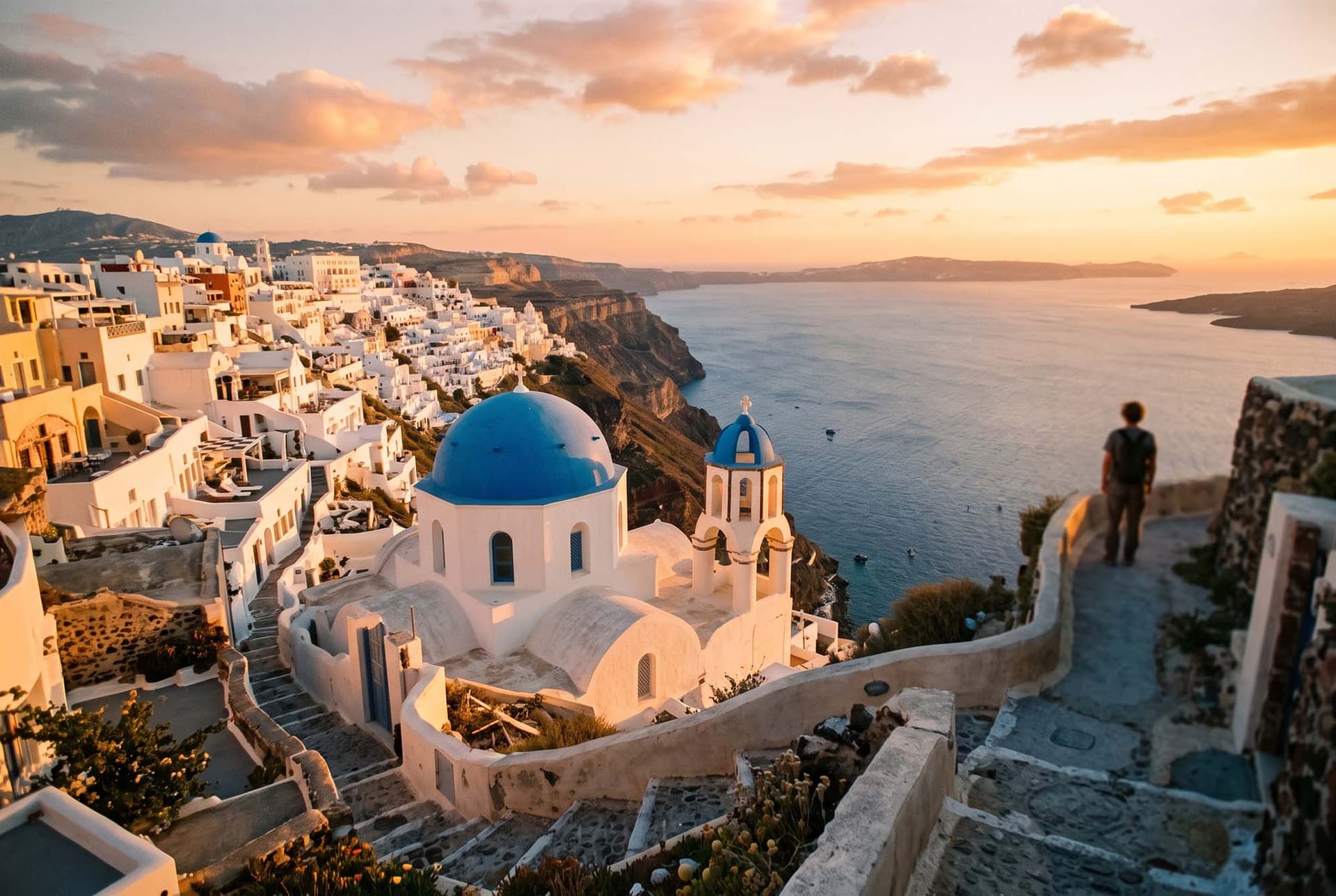 Ruelles blanches et dômes bleus d'Oia à Santorin au coucher du soleil