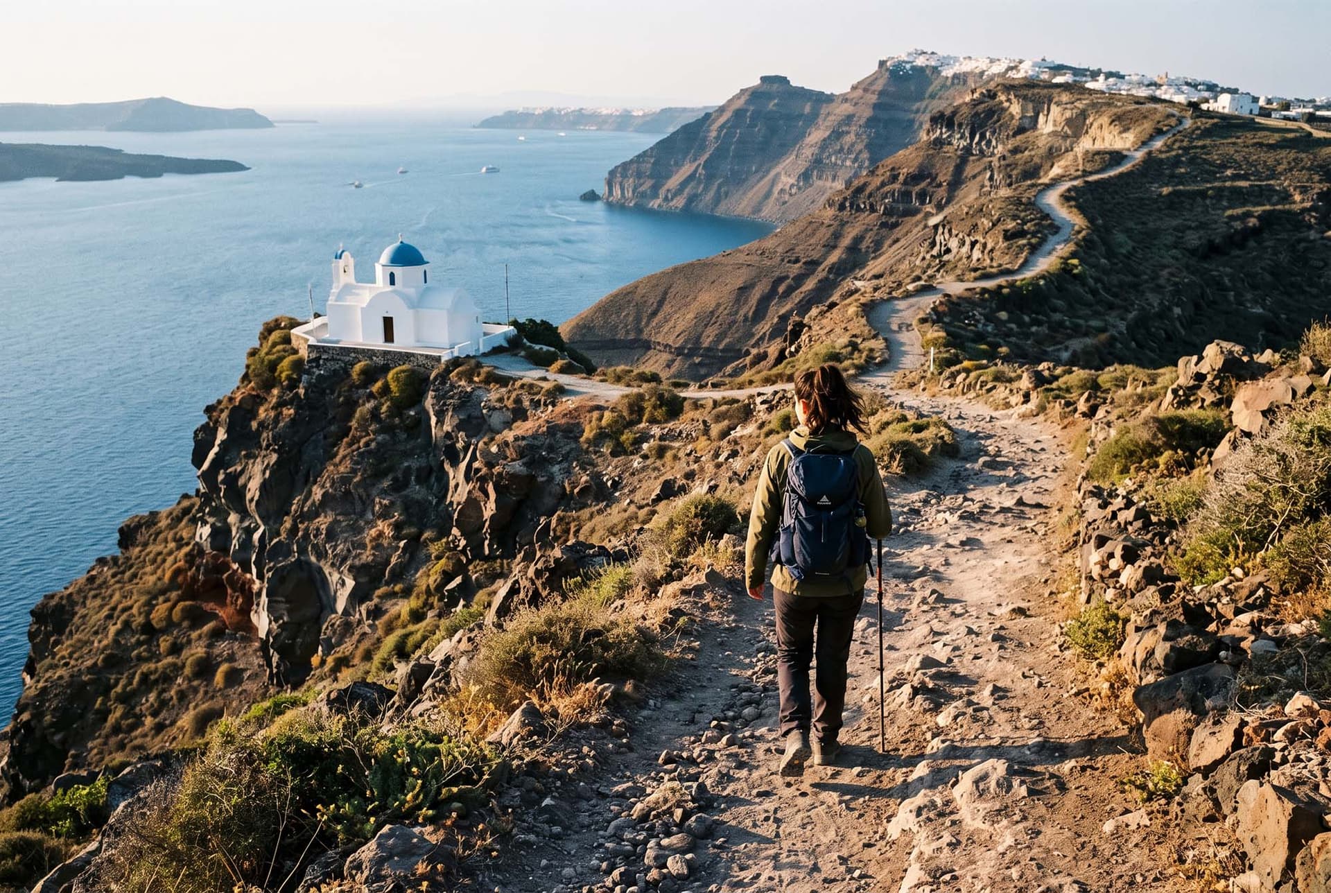 Sentier de randonnée entre Fira et Oia surplombant la caldeira