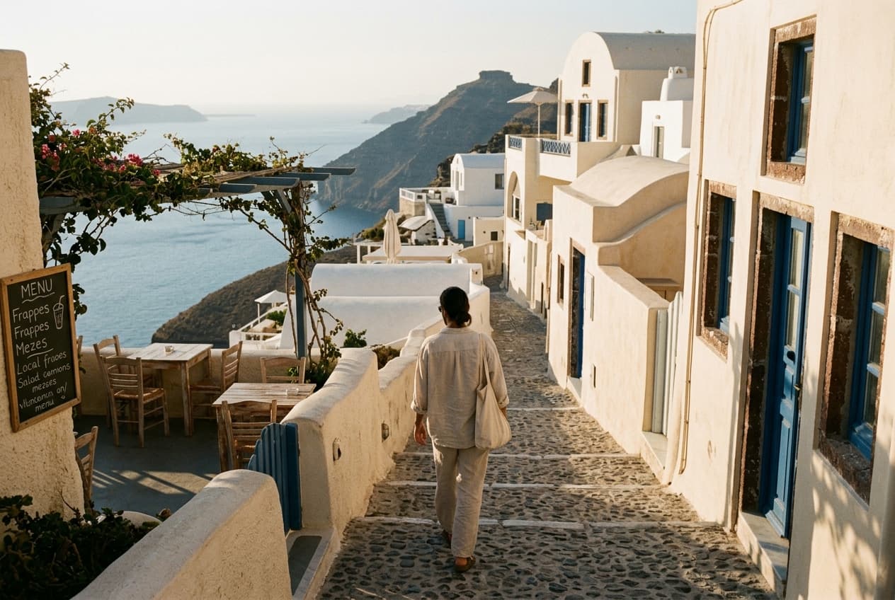 Vue sur la caldeira depuis les ruelles blanches de Fira à Santorin