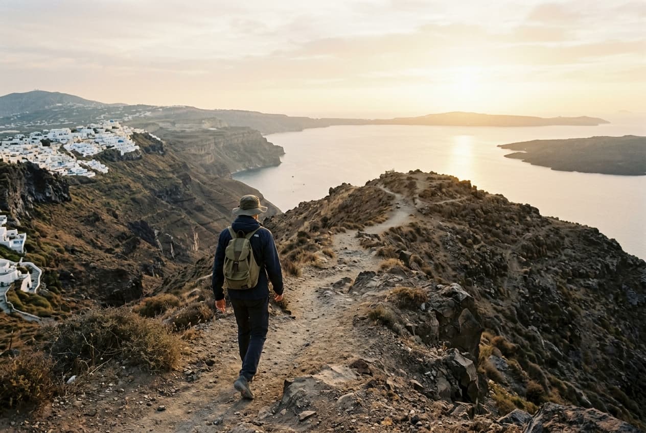 Sentier de randonnée entre Fira et Oia surplombant la mer Égée à Santorin