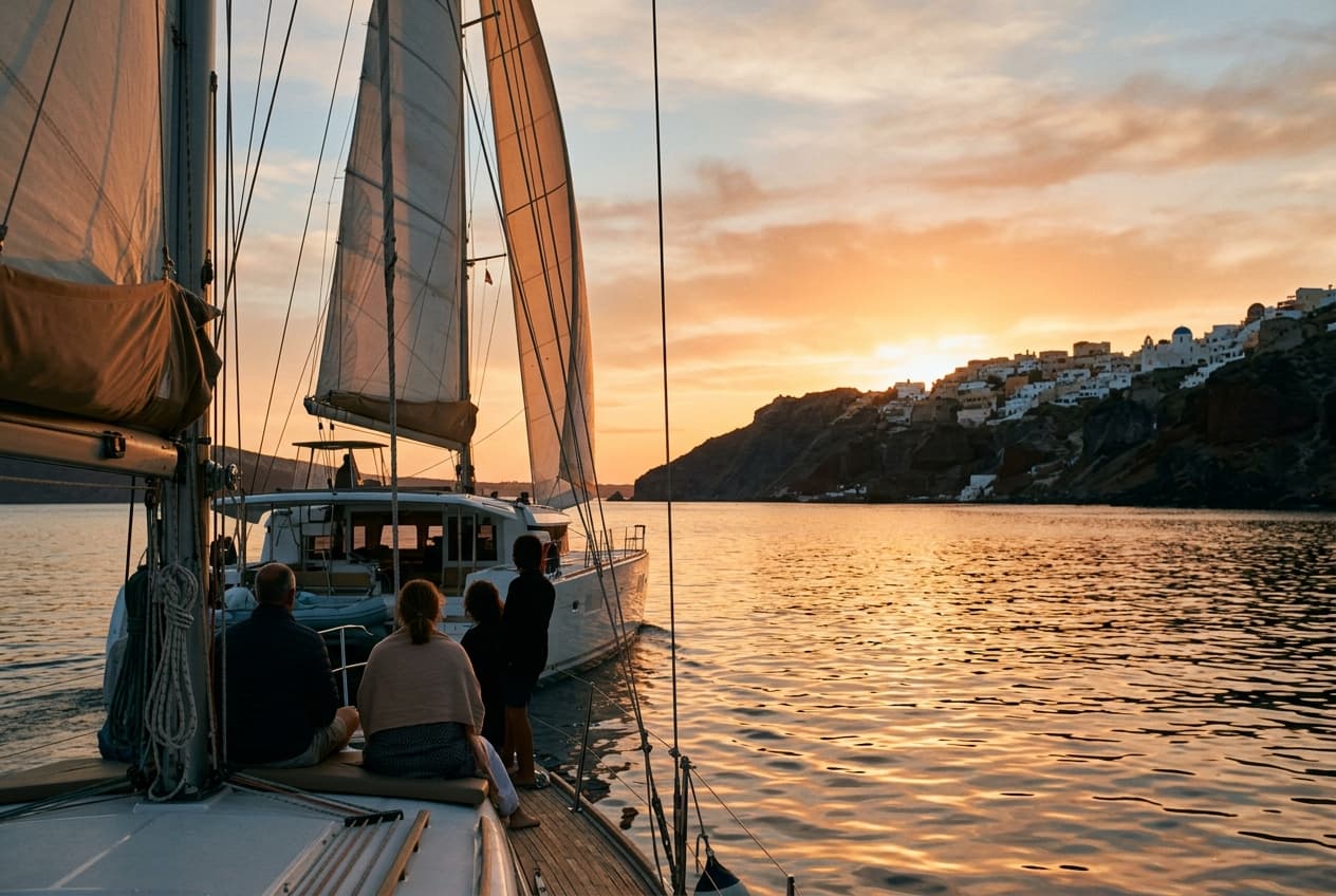 Catamaran naviguant dans la caldeira de Santorin au coucher du soleil