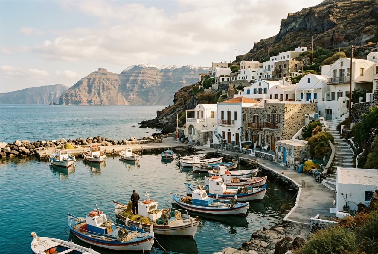 Village traditionnel et petit port de l'île de Thirassia face à Santorin