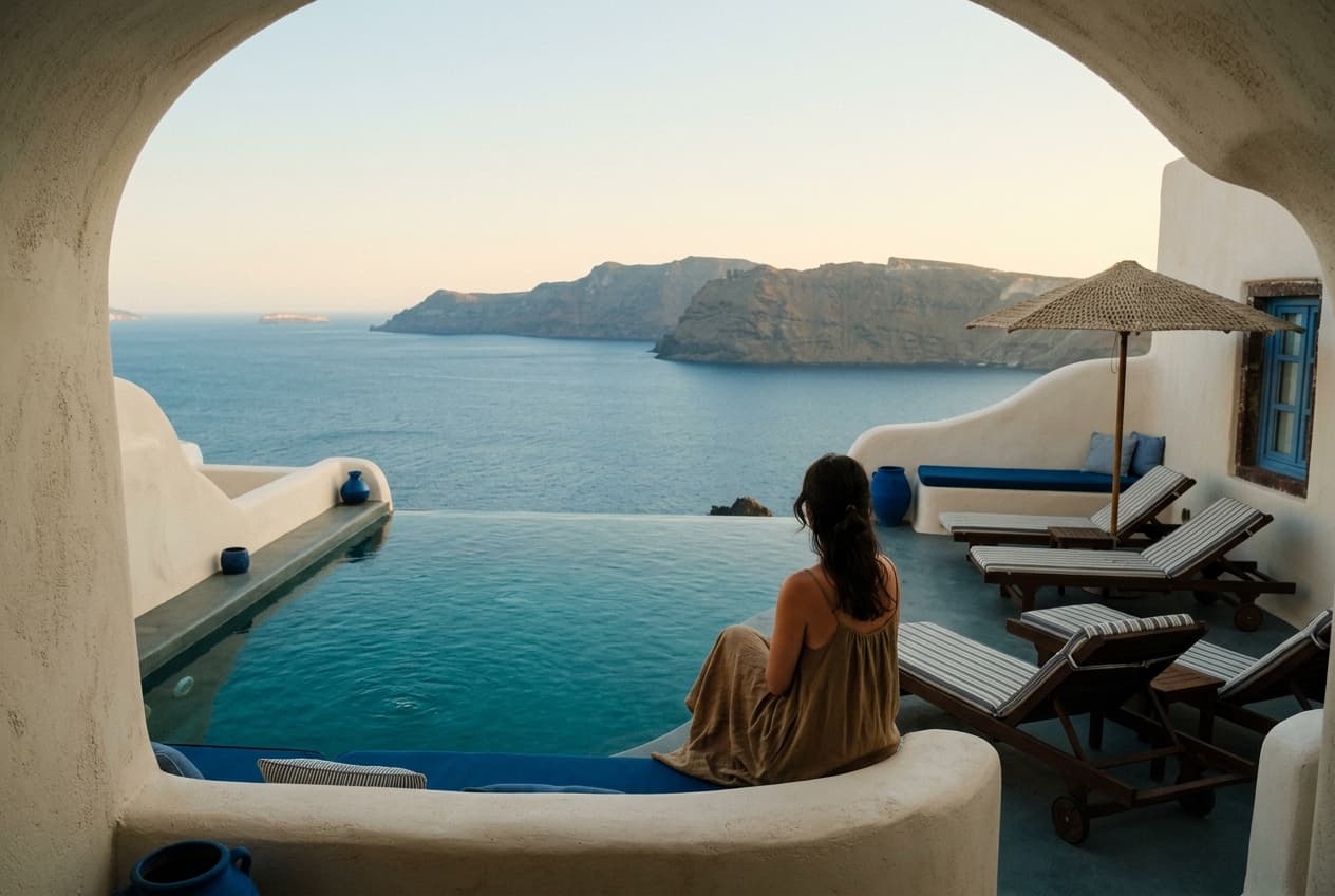 Hôtel troglodyte avec piscine à débordement face à la caldeira de Santorin